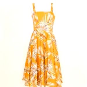 White House Black Market  Marigold Palm Print Flared Midi Dress Size 8